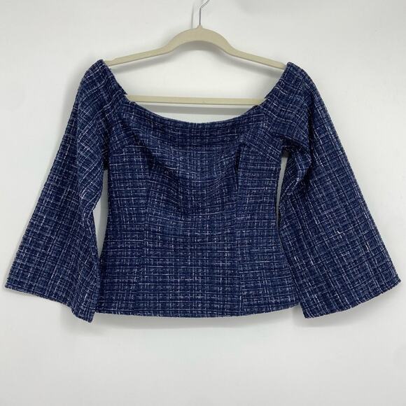 New Zara Blue Check Tweed Off the Shoulder Corset Style Peplum Top Size XS - Picture 3 of 13